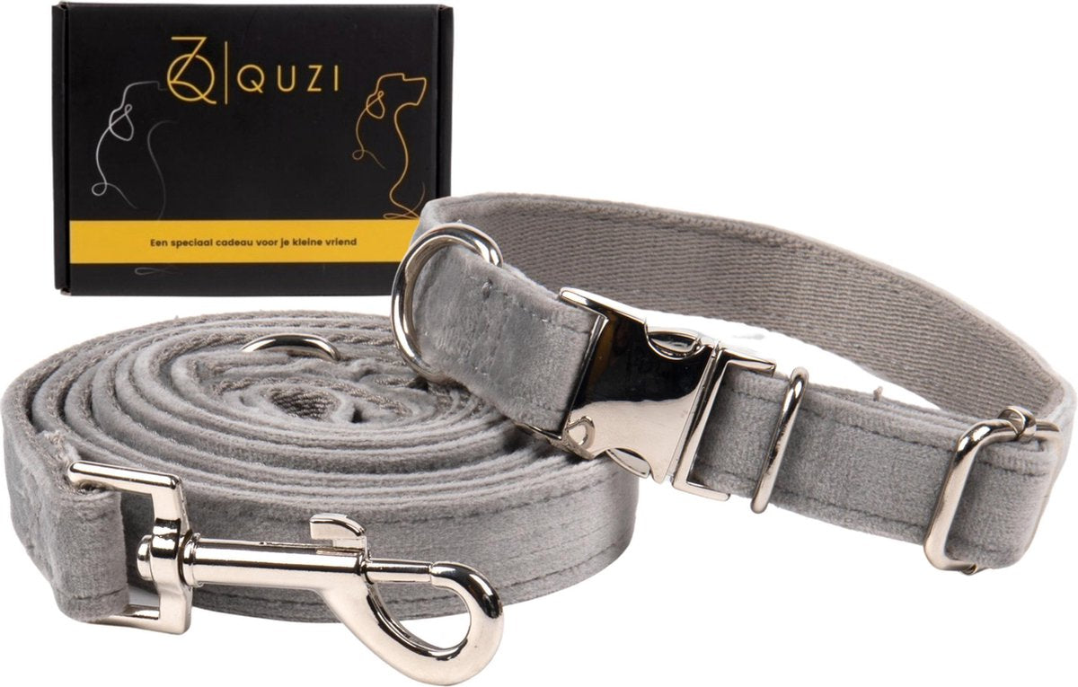 Quzi® Hondenriem Set Halsband met Looplijn voor Kleine Honden-Leiband Puppy´s-2m-Grijs-Incl. e-book