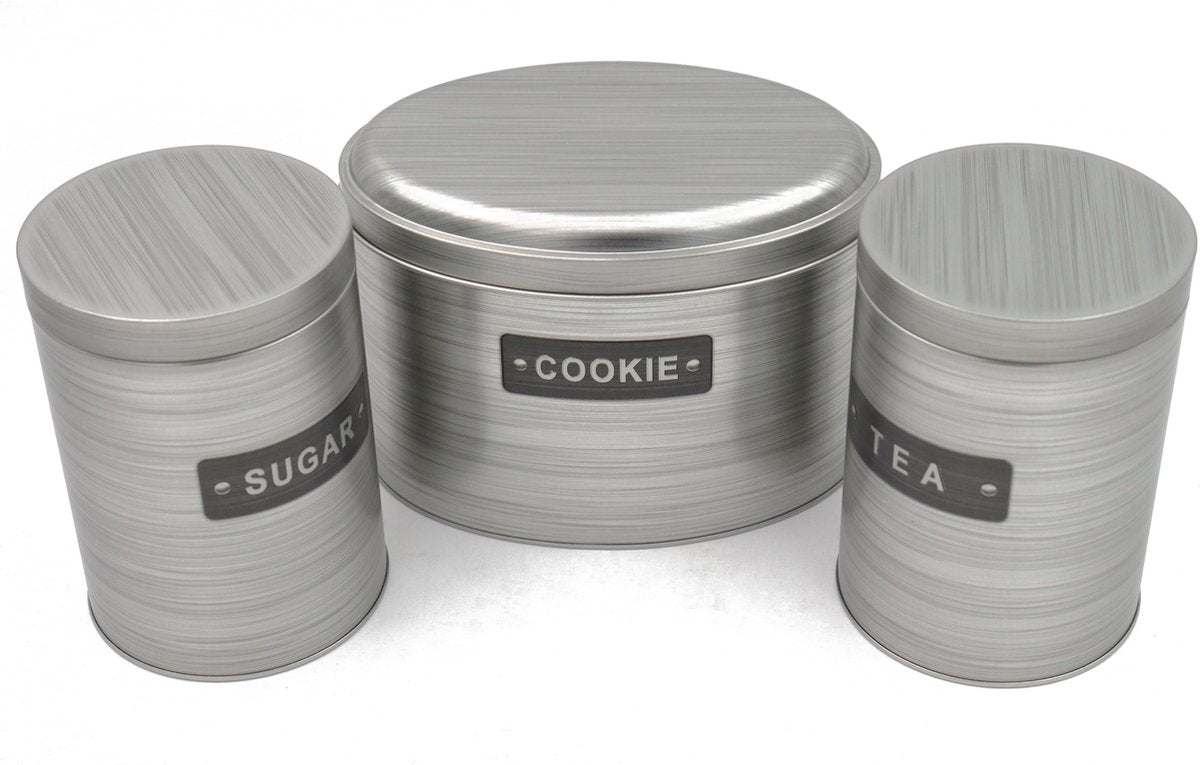 YILTEX - Voorraadpotten / Voorraadpotten Set / Voorraadpotten RVS / Voorraadblikken Thee – Suiker – Cookie / Opbergbox – 3 Delig