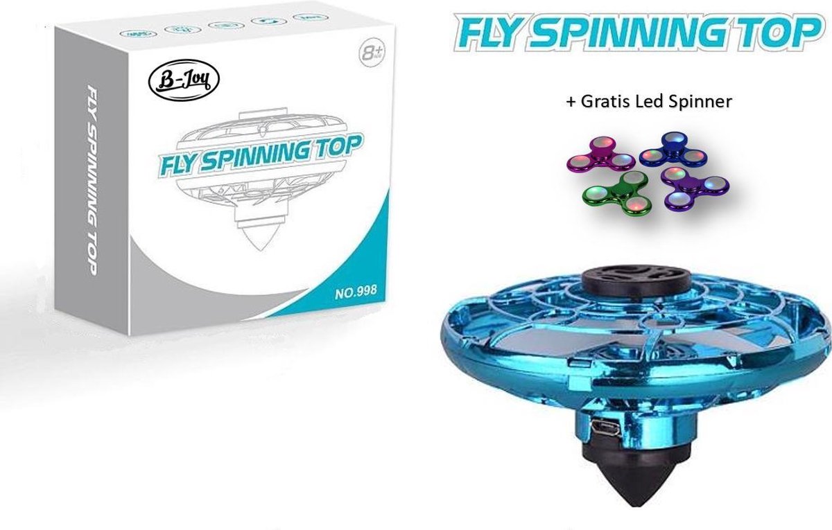 B-Joy Nieuw Hand gestuurde Spinner Drone buiten kinderspeelgoed + gratis Led Spinner - Fly Spinning top Play It UFO Blauw