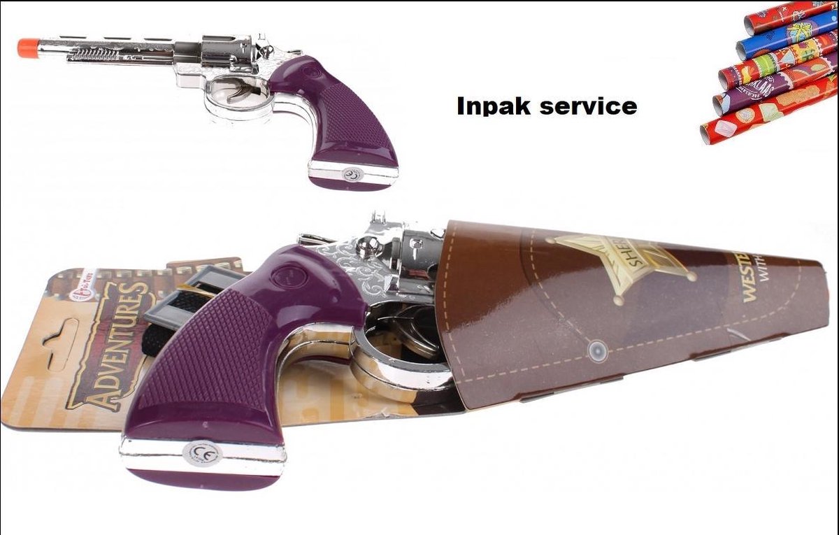 Inpakservice Speelset Pistool Met Riemkoord Zilver 20cm - kado inpak cowboy western