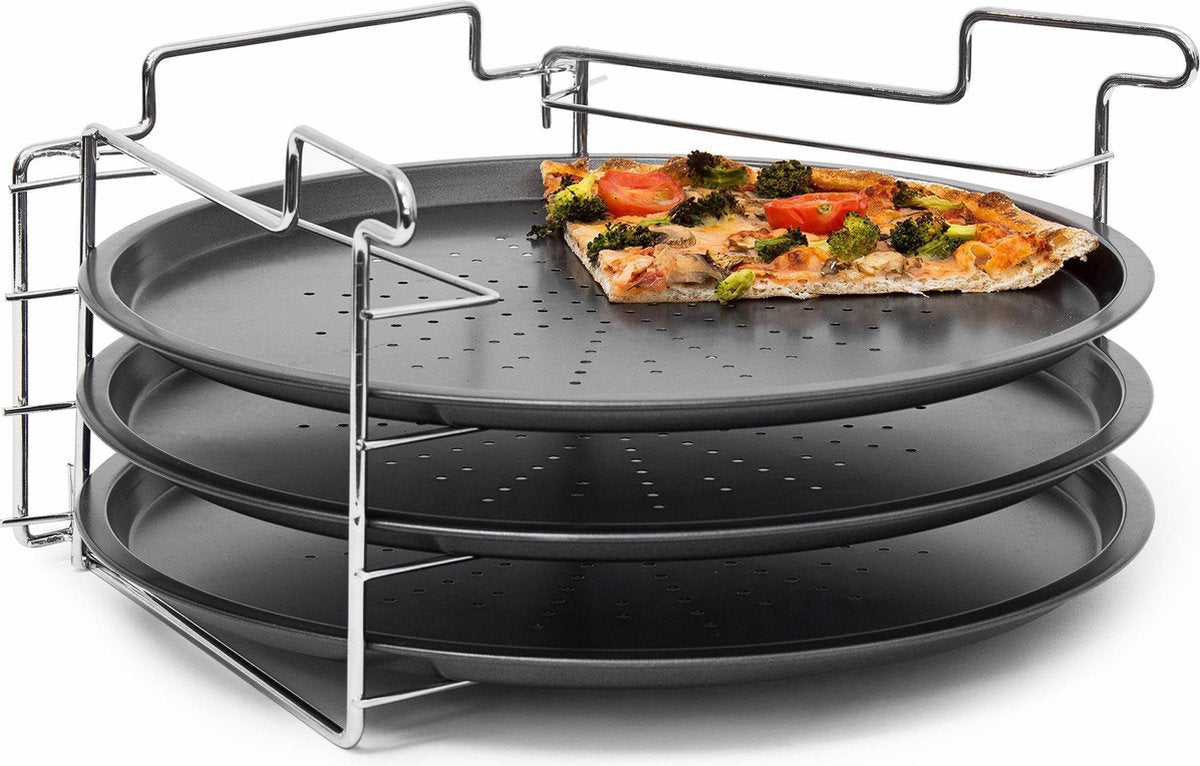 relaxdays 3 pizaplaten met pizzarek