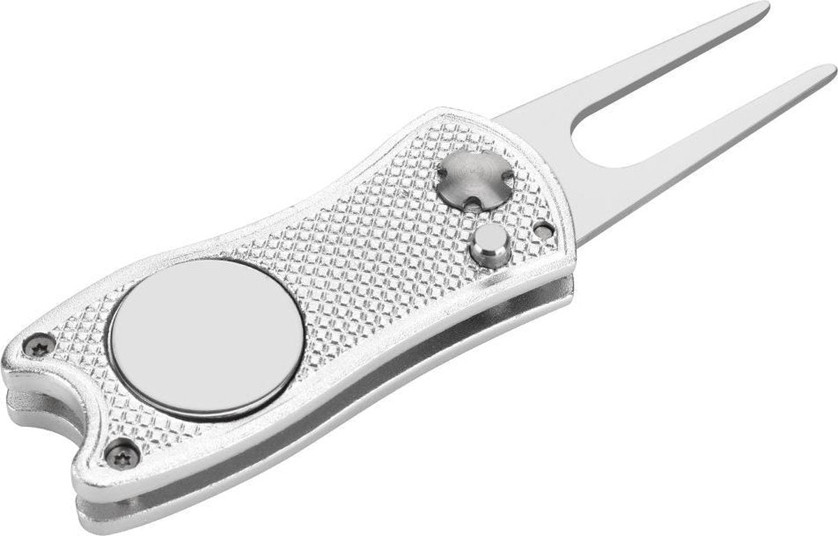 Firsttee - Opvouwbaar - Pitchfork golf - INCLUSIEF Marker - Zilver - Inklapbaar - Uitklapbaar - Repareer Greens - Golf accessoires  - Golfballen  - Pitchfork marker - Pitchfork metaal - Compact - Pocket - Marker golfbal - Golbalmarkers - Golfballen