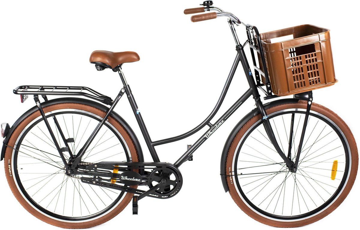 Wheelerz omafiets classic 28 inch matzwart | inclusief voordrager & krat