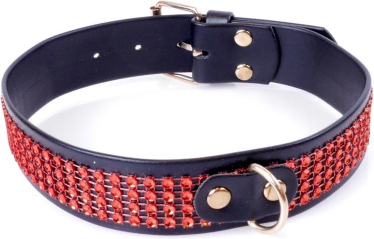 Bossoftoys - Fetish Collar Red With Stones - 3 Cm Width - Red Line Adjustable - Easy To Hang - With Product Tag /Barcode - 33-00110