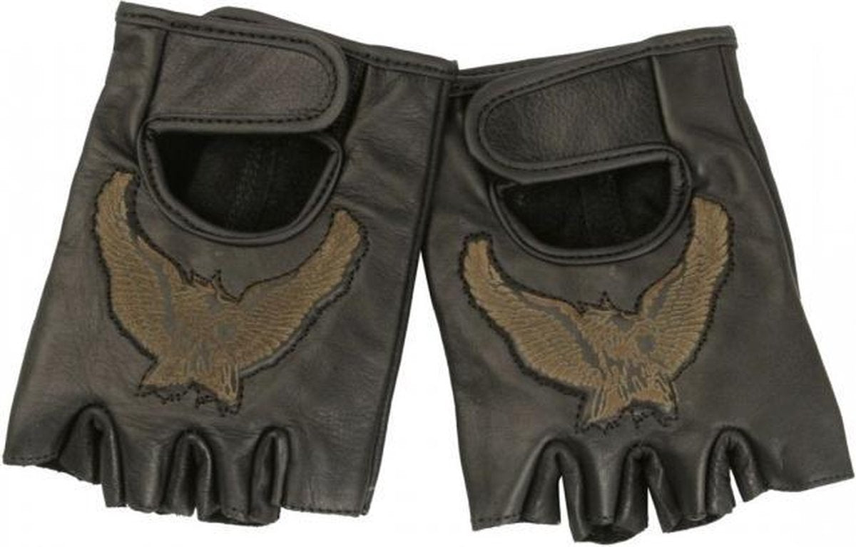 Leren handschoenen zonder vingers (mofjes) met Adelaar afbeelding maat M