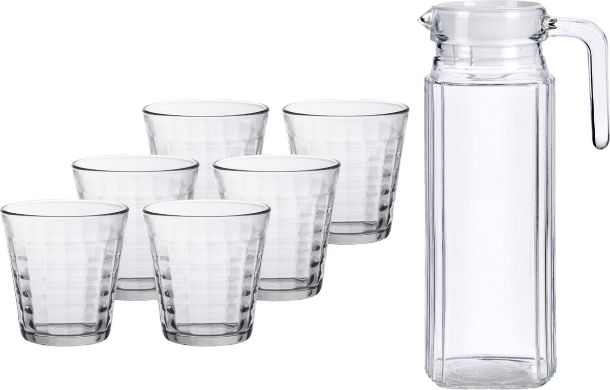 Glazen karaf/schenkkan met deksel van 1 liter met 6x stuks drinkglazen/waterglazen 275 ml
