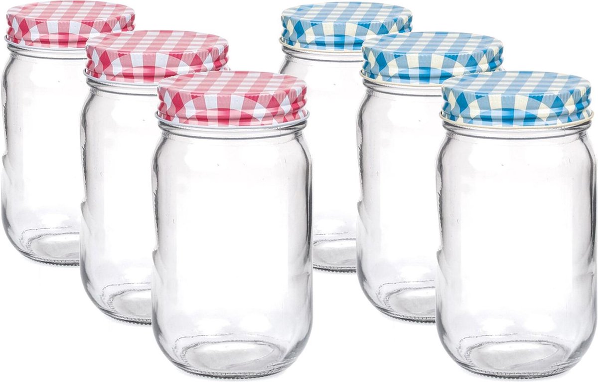 Set van 6 stuks glazen weckpotten/inmaakpotten met schroefdop 450 ml - Jampotjes met draaideksel - Voorraadpotten met draaidop