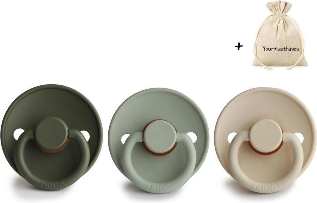 FRIGG | Fopspeen set 3 stuks | T2 | 6-18 maanden | Classic | Natuurrubber | Olive + Sage + Sandstone | Met YOURMUSTHAVES speenzakje