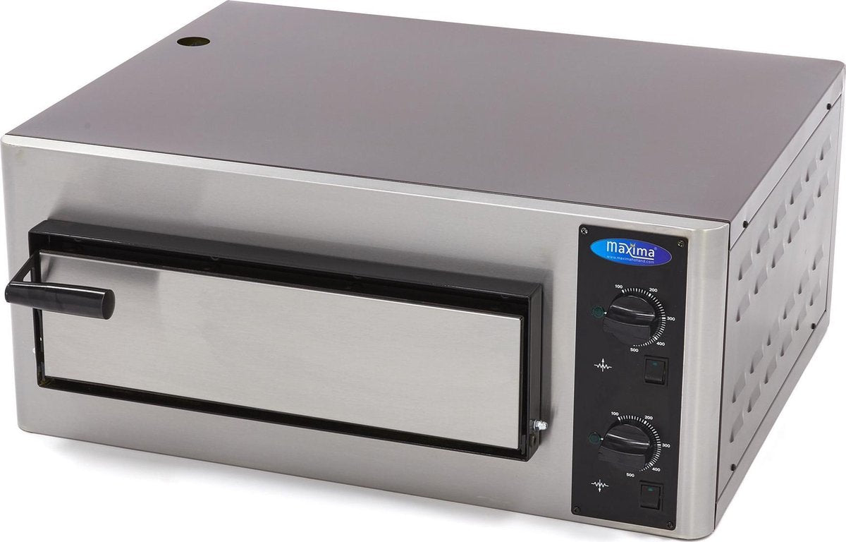 Pizza Oven 4 x 25 cm - 4 Pizza's - 400V - RVS Front - Variabele Thermostaat tot 500 Graden - Instelbare Boven + Onderwarmte - Stenen Plaat - Maxima