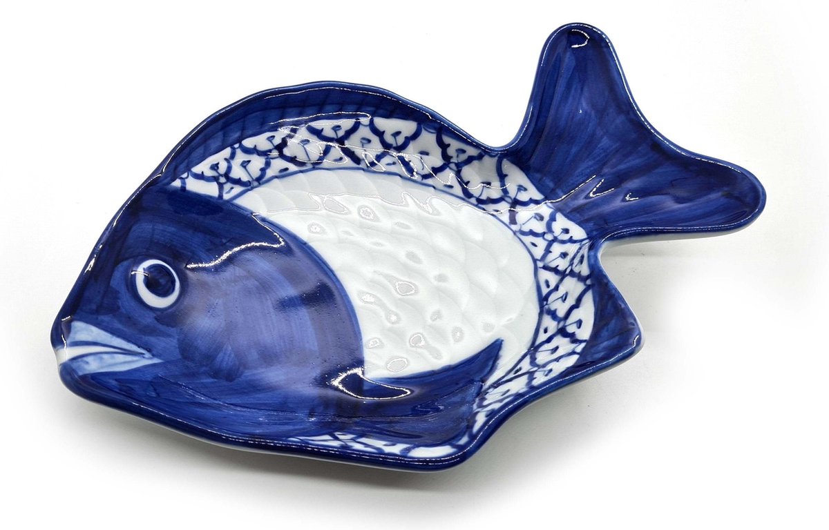 Vis Schaal - Vis Bord - Visschaal - Presenteerschaal wit blauw - Thais servies - Pineapple patroon - Ananaspatroon  23 cm