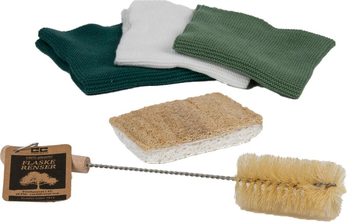 CC Hansen flessenborstel set - 1 x flessenborstel - 3 x gebreide vaatdoekjes - 1 x afwasspons natuurlijk cellulose & Loofah - plasticvrij