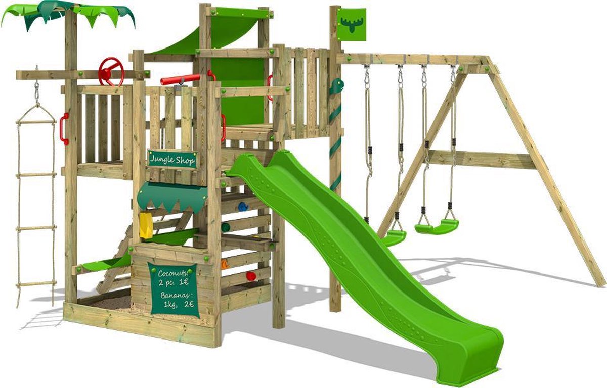 FATMOOSE Klimtoren voor tuin CrazyCoconut met schommel en appelgroene glijbaan
