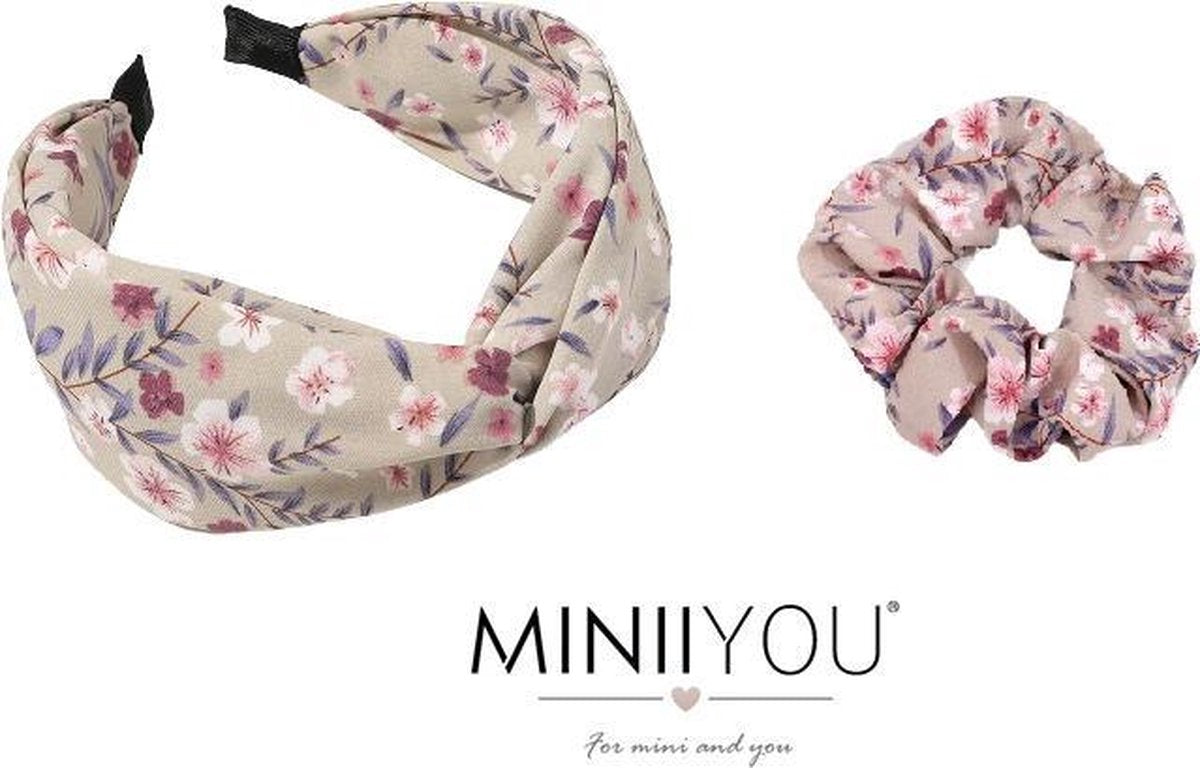 Set Dames Haarband Diadeem gebloemd roze + roze scrunchy elastiek