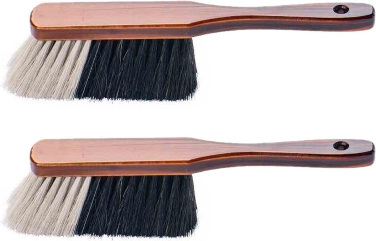 2x stuks bruin gelakte stoffers/handvegers met gemixt haar voor binnen - Zachte borstels/stoffers