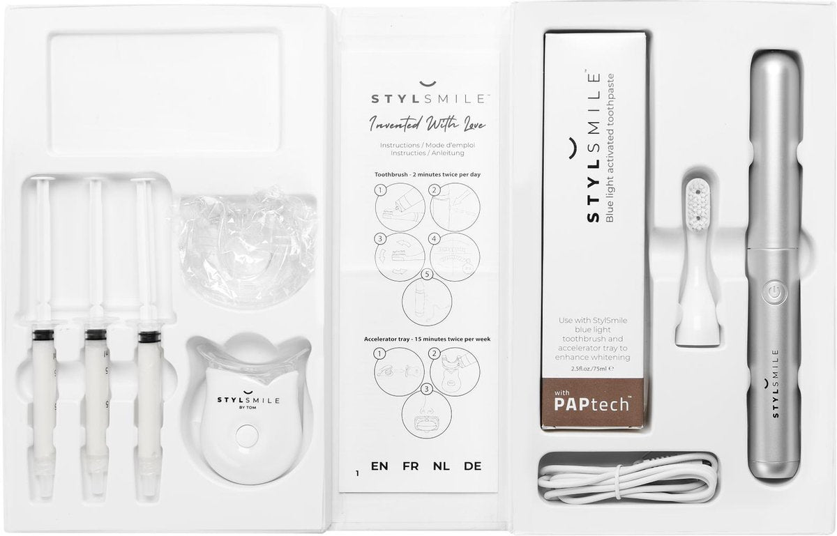 Stylsmile ultimate whitening kit| Elektrische tandenborstel | Tanden bleken door blauw licht technologie en PAPtech tandpasta |  Sonisch poetsen | Vervangt je dagelijkse poetsroutine | Peroxide vrij | Geen UV licht| Goedgekeurd door tandartsen