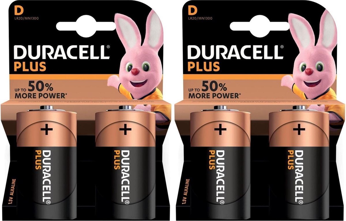 Set van 4x Duracell D Plus batterijen 1.5 V - alkaline - LR20 MN1300 - Batterijen pack