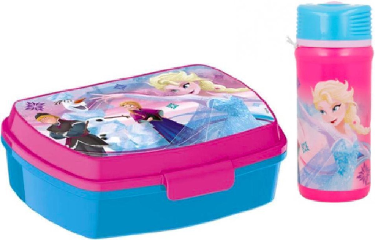 Frozen brooddoos (17 cm - 13 cm - 6 cm) + Drinkfles (18 cm hoog - 400 ml)