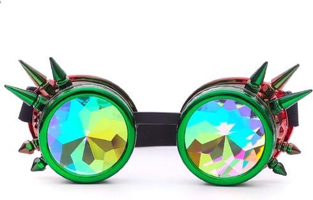 Steampunk bril goggles caleidoscoop - groen rood spikes - cannabis