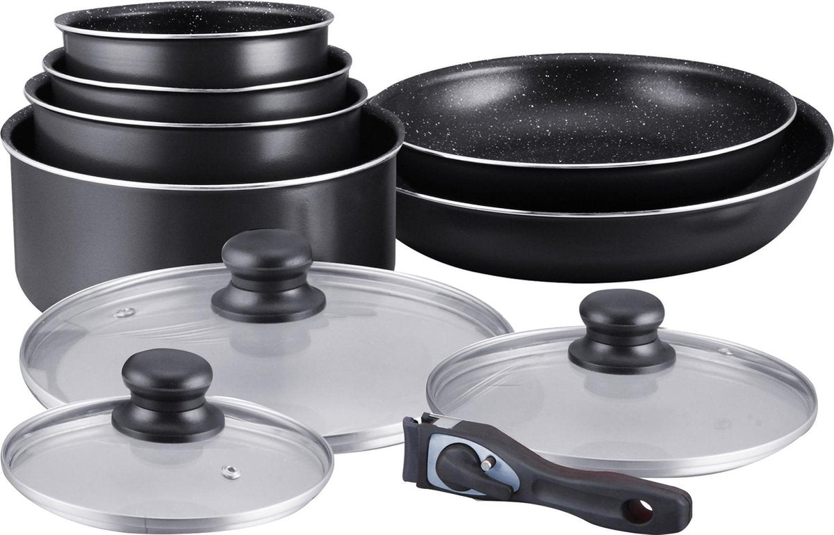 Herzberg - Set Lot 10-delige Pannenset inductie - Steengoeden - Afneembare handgreep - Glazen deksel - Geschikt voor oven - Met marmeren coating  - PFAS-vrij - Zwart - HG5000