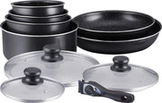 Herzberg - Set Lot 10-delige Pannenset inductie - Steengoeden - Afneembare handgreep - Glazen deksel - Geschikt voor oven - Met marmeren coating  - PFAS-vrij - Zwart - HG5000