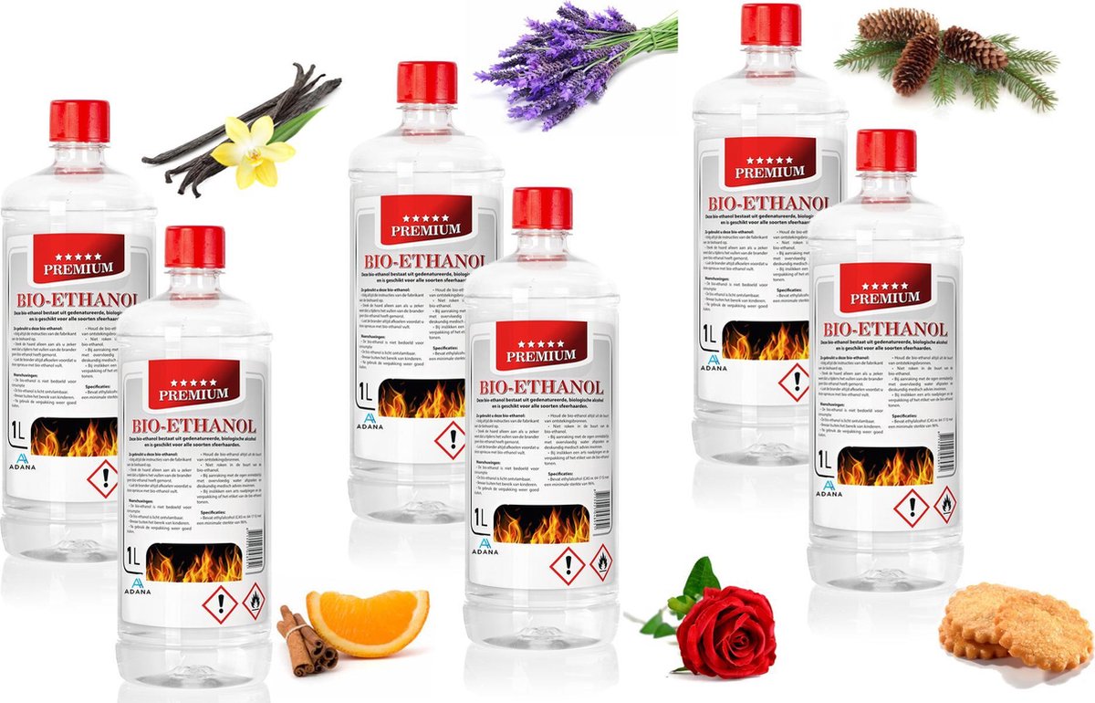 Adana- bio-ethanol set van 6 verschillende geuren bio-ethanol PREMIUM 1l.x12
