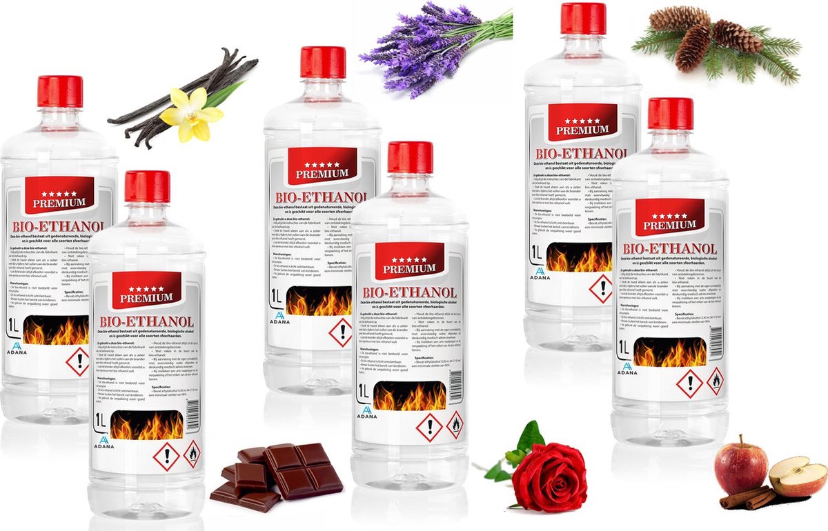 Adana -Set bio-ethanol van 6 verschillende geuren bioethanol PREMIUM-12L.