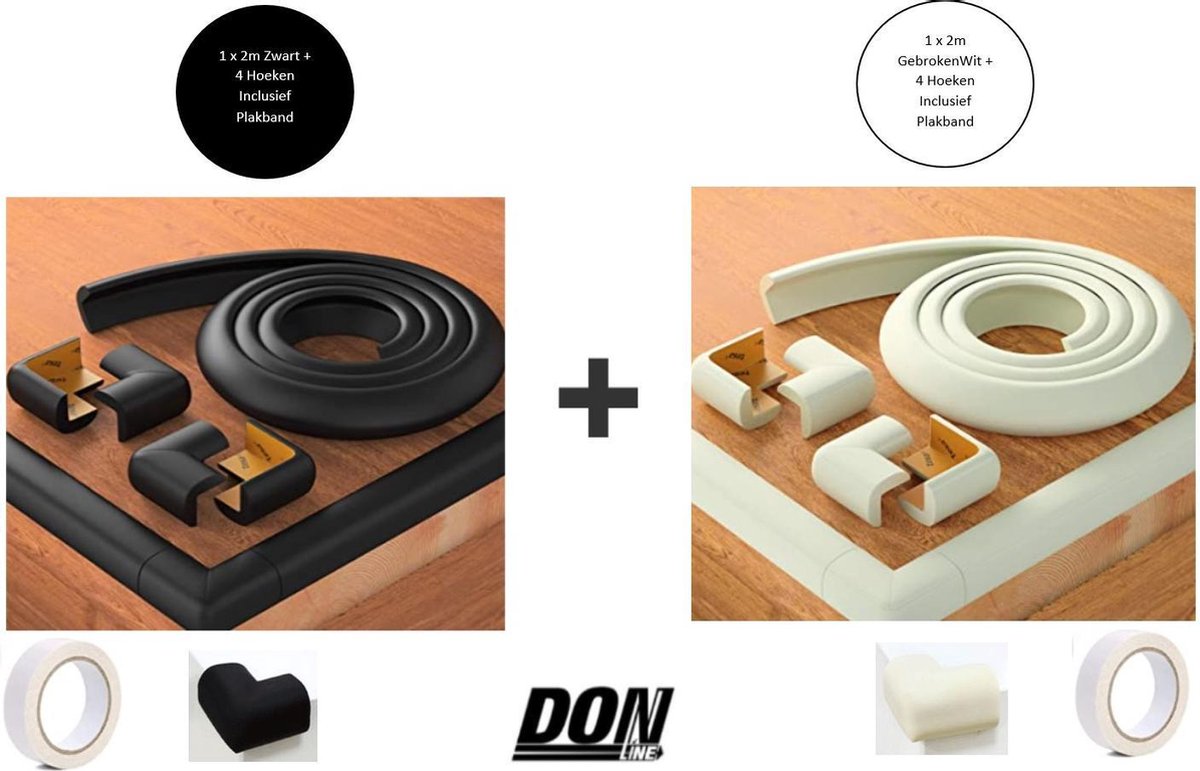 Randbescherming Zwart Standard 1 x 2m Zwart + 4 Hoekbeschermers 1 x 2m Gebroken Wit + 4 Hoekbeschermers – Zelfklevende Randbescherming / Stootrand Foam / Kinder Safety – Tafelrand Veiligheid / Stootkussen Veiligheid / Kinderbescherming Voor Meubels