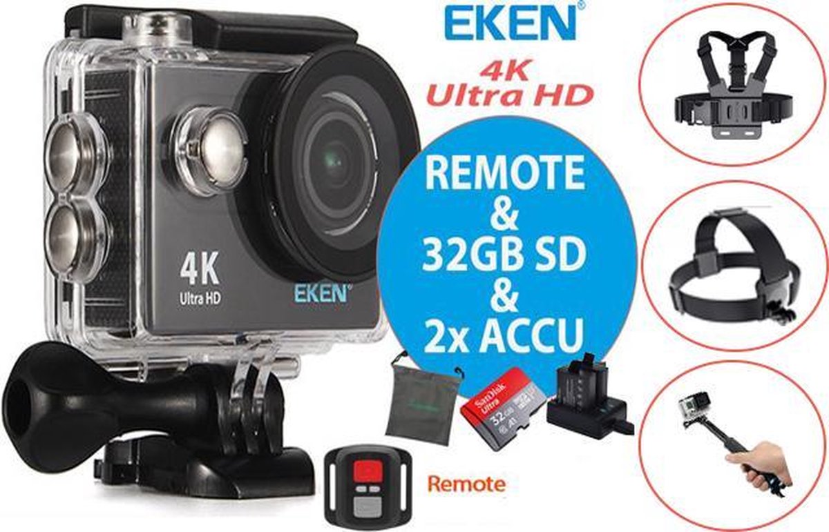 EKEN H9R + Sandisk 32GB SD + Extra Accu + Borstband + Hoofdband + Selfie Stick + Dual accu lader + 23 Accessoires