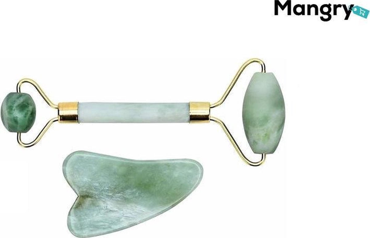 BEAUTY SET roller + steen -Jade Roller Gezichtsmassage | Luxe Gezichtsroller | Anti Rimpel Gezichtsroller | Anti donkere kringen | Anti rimpels | Gezichtsmassage | Afvalstoffen reiniger | Jade Roller |100% Natuurlijke Jade steen- Mangry