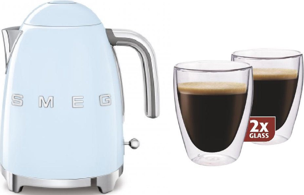 Smeg - KLF03PBEU - waterkoker - Pastelblauw + Maxxo dubbelwandige glazen - 2 stuks