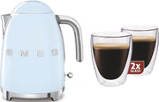 Smeg - KLF03PBEU - waterkoker - Pastelblauw + Maxxo dubbelwandige glazen - 2 stuks