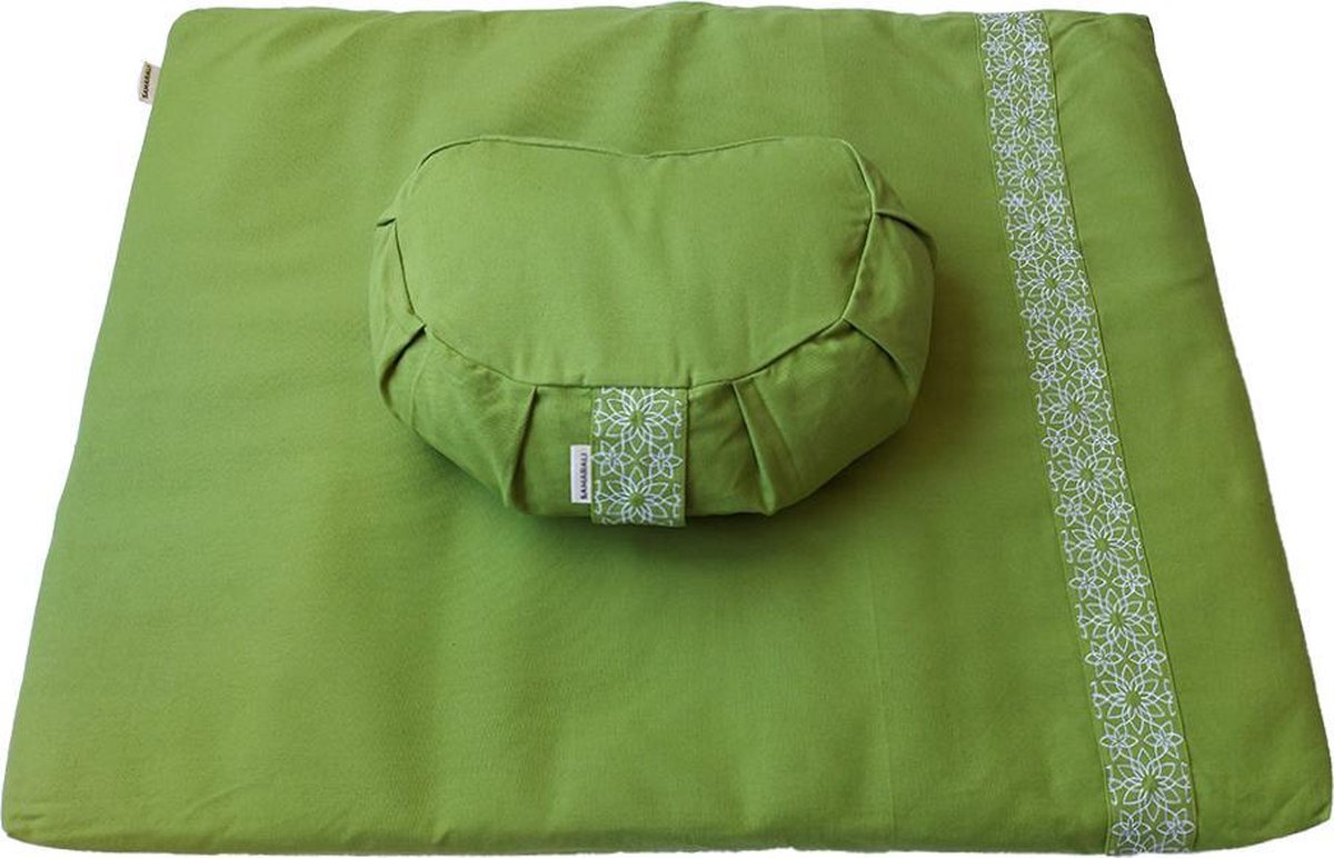 Meditatieset met kussen "crescent" (Groen) |meditatiemat Zabuton en meditatiekussen|ethisch geproduceerd van 100% biologisch katoen (GOTS gecertificeerd) | Heeft 2 lagen | Verkrijgbaar in 6 natuurlijke kleuren