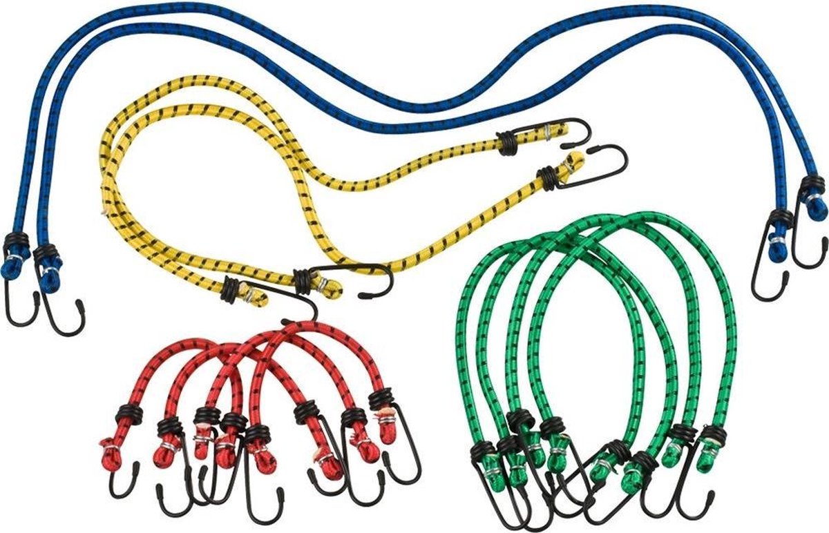 2x stuks bagagespinnen / snelbinders / spanelastiek voor bagagedrager - 25 / 46 / 60 / 90 cm - 12-delig - rood / geel / groen / blauw - fiets accessoires