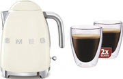 Smeg KLF03CREU - waterkoker - Crème + Maxxo dubbelwandige glazen - 2 stuks