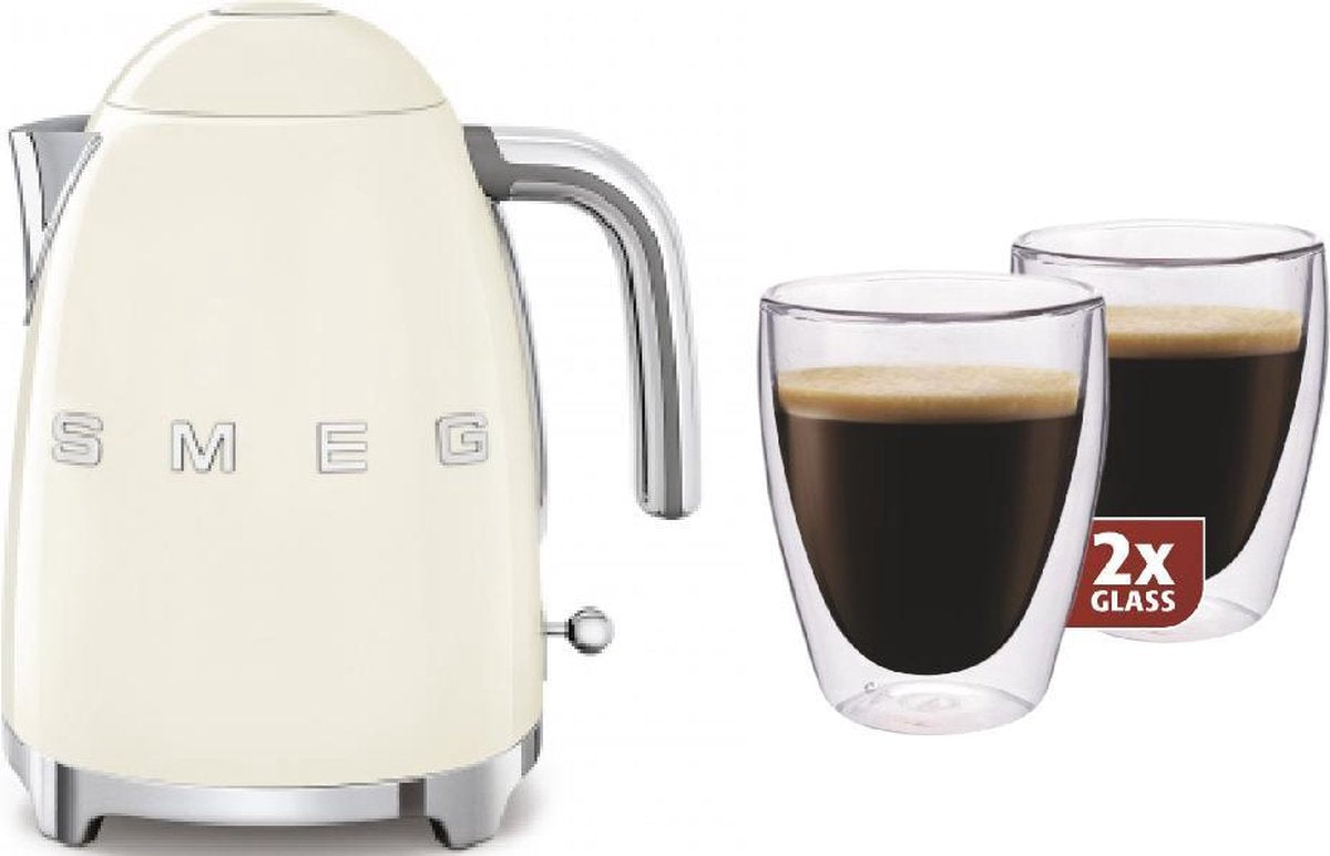Smeg KLF03CREU - waterkoker - Crème + Maxxo dubbelwandige glazen - 2 stuks