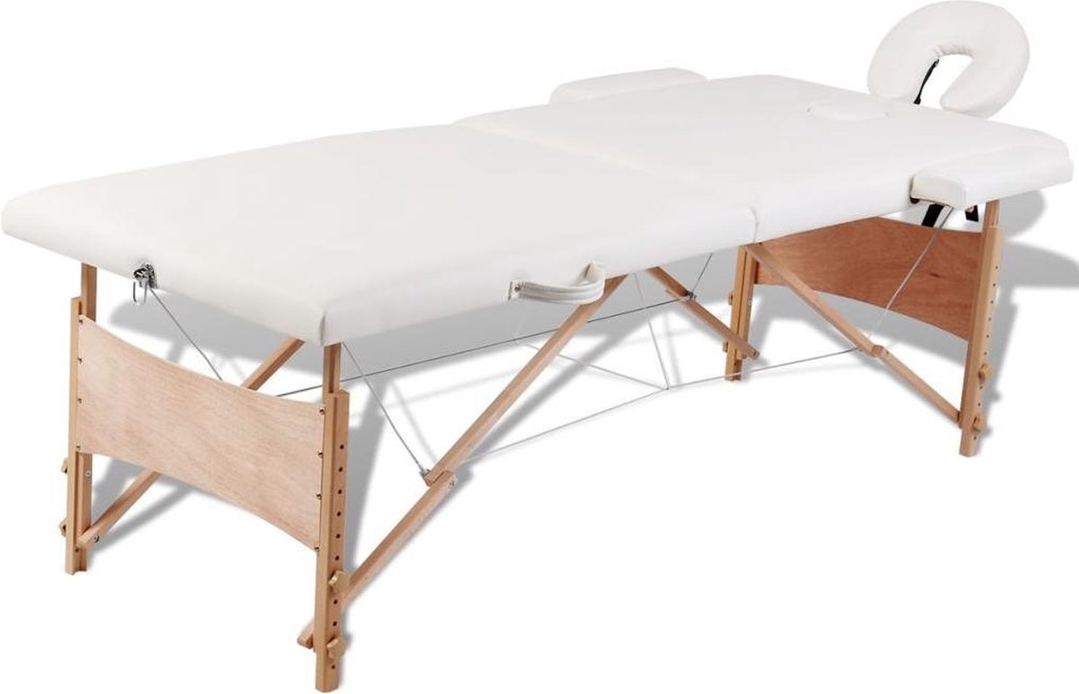 Inklapbare massagetafel 2 zones met houten frame (creme)