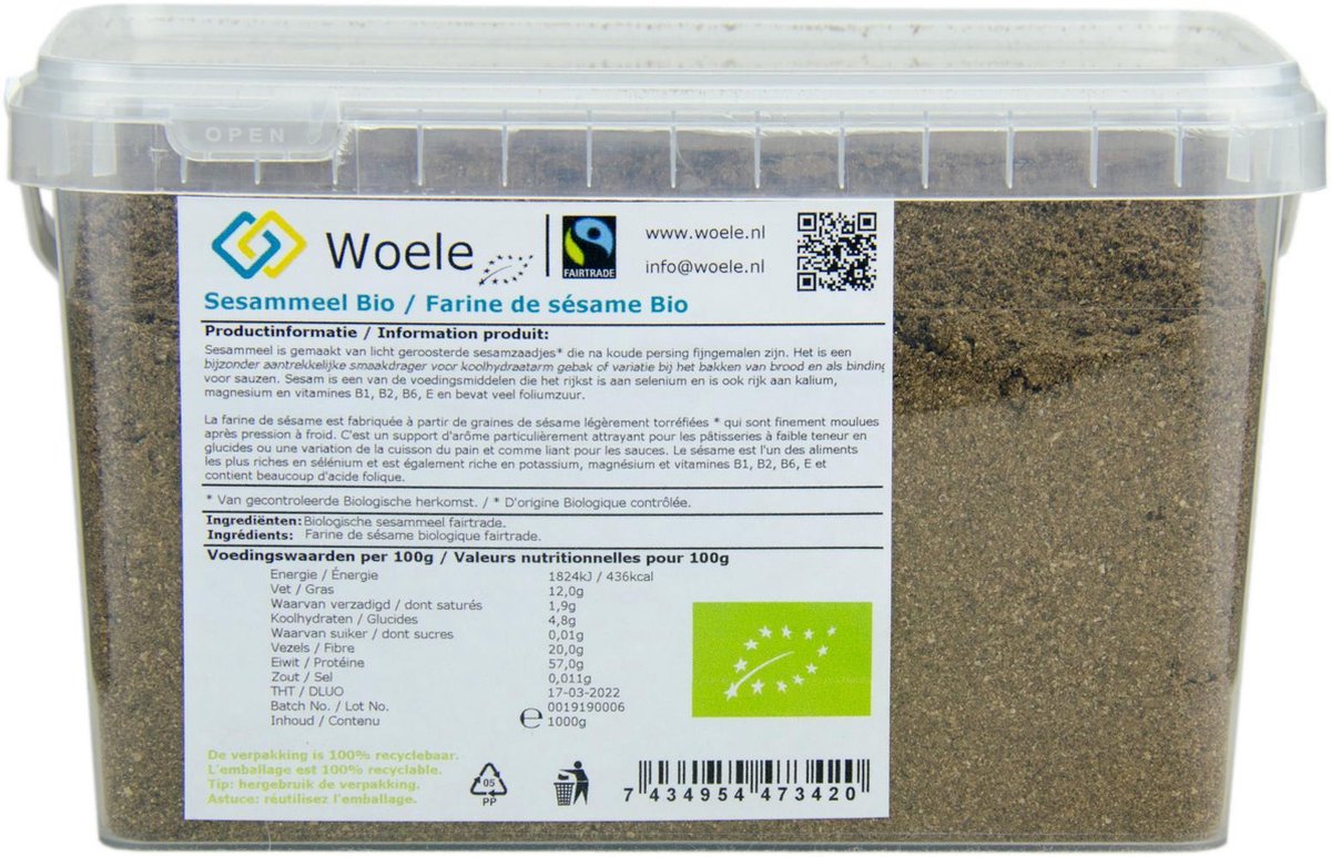 Sesammeel biologisch fairtrade 1000g GMO vrij