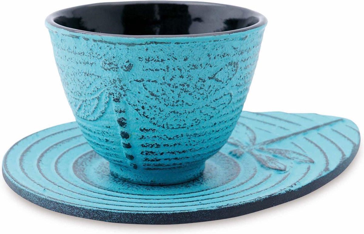 Gietijzeren theekopje met onderzetter - Gietijzer - Dragonfly - Turquoise