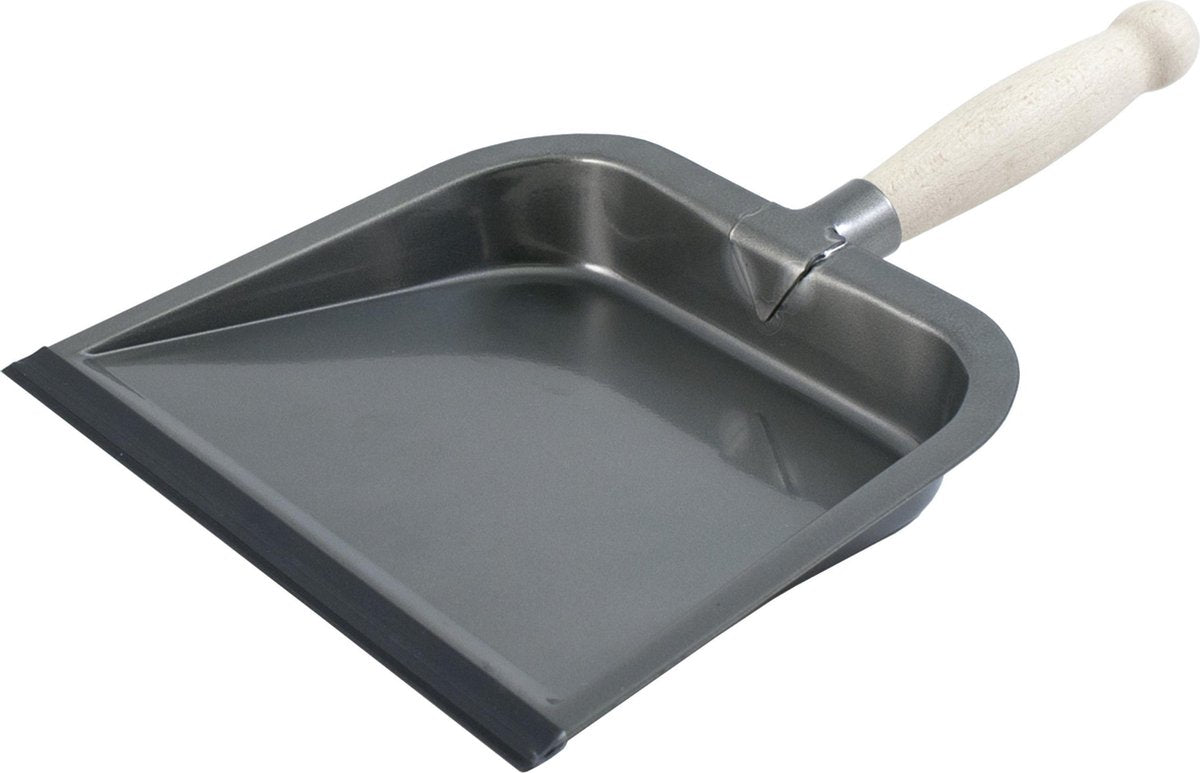 Luxe zilver metalen stofblik met rubberen lipen houten handvat - Stofblikken van metaal