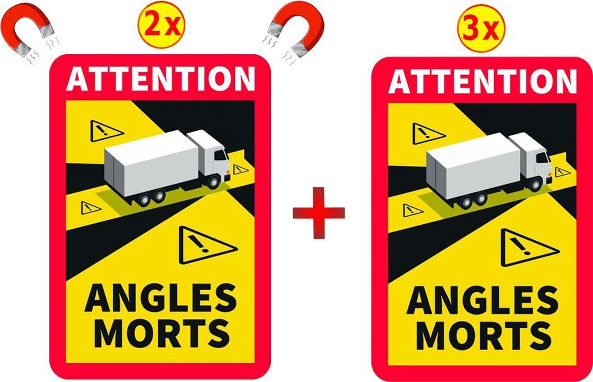 Dode hoek magneetsticker (2x) + sticker (3x) voor Frankrijk tbv vrachtwagen en camper | Angles morts (set van 2 magneten + 3 stickers)