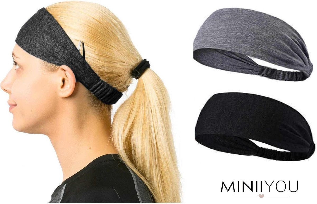 2-pack Dames sport haarbanden - yoga haarbanden - dames fitness hoofdband | Zweetband - Grijs en Zwart - alle seizoenen