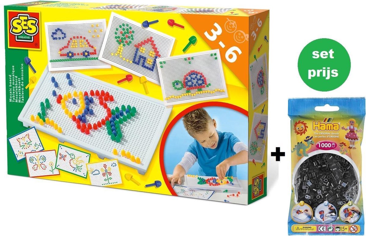 Ses 14848 Mozaiekbord + 1000 zwarte strijkkralen (combi-deal)