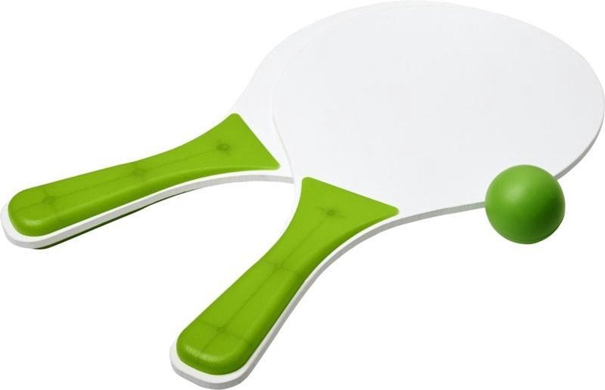 Groen/witte beachball set buitenspeelgoed - Houten beachballset - Rackets/batjes en bal - Tennis ballenspel