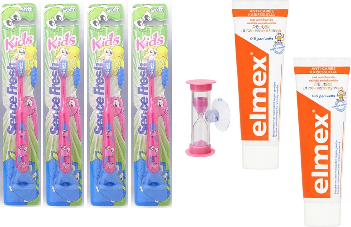 2x elmex kinder tandpasta en 4 x sence tandenborstels en zandloper ( roze )