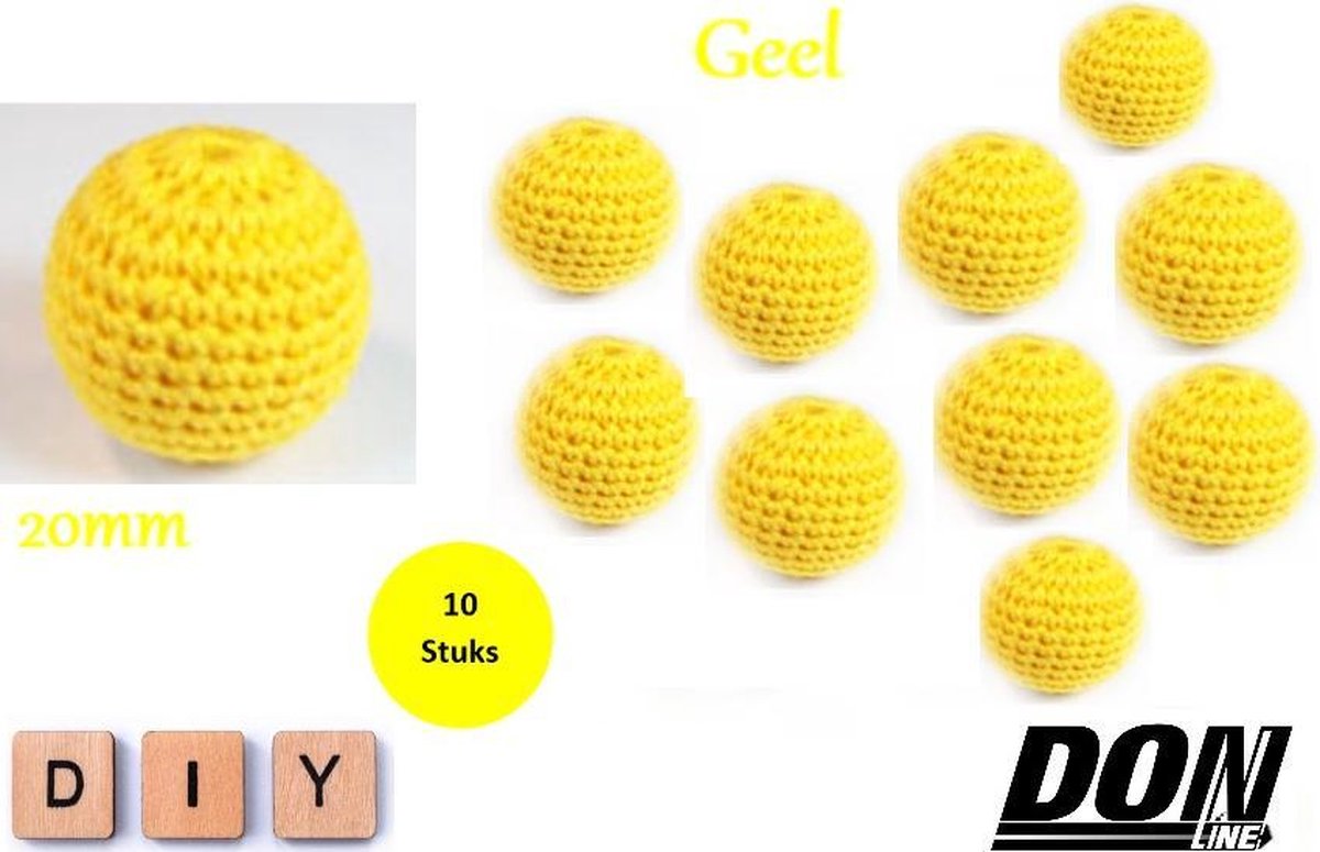 DONLINE – Geel Ronde Gehaakte DIY Houten Kralen 20mm met 4mm gaatje - Houten Gehaakte Kralen - Speenkoord Kralen - Kralen baby - Rijgkralen – Kralen rijgen - Speenkoord Maken – Hobby Kralen – DIY Gehaakte Kralen – Crochet Wooden Beads