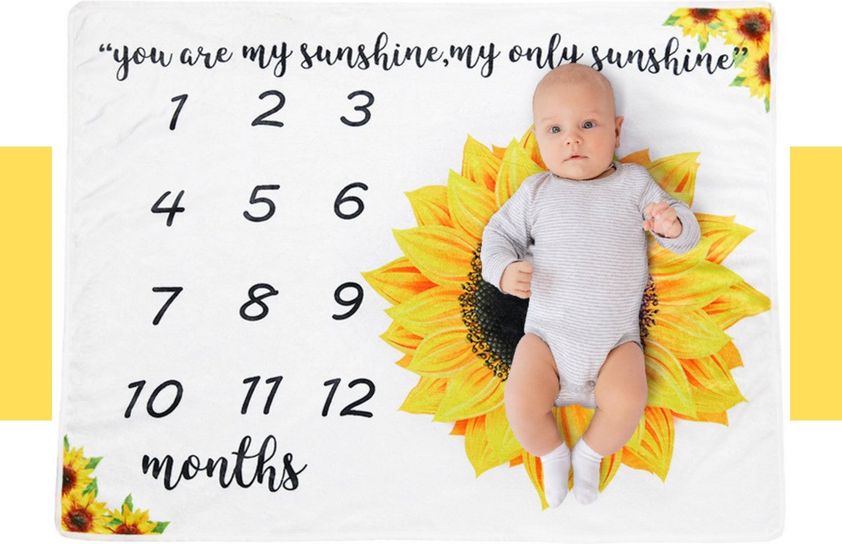 Mijlpaaldeken – baby milestone blanket – baby dekentje – foto herinnering – babyshower – kraamcadeau jongen – wit / geel – 100 cm x 75 cm