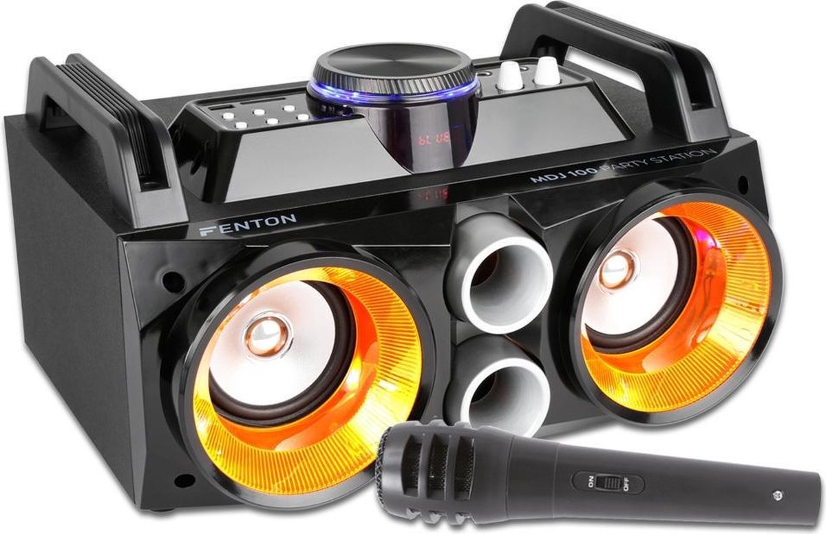 Bluetooth speaker - Fenton MDJ100 Bluetooth speaker met mp3 speler en LED disco verlichting - Inclusief microfoon voor karaoke - 100W