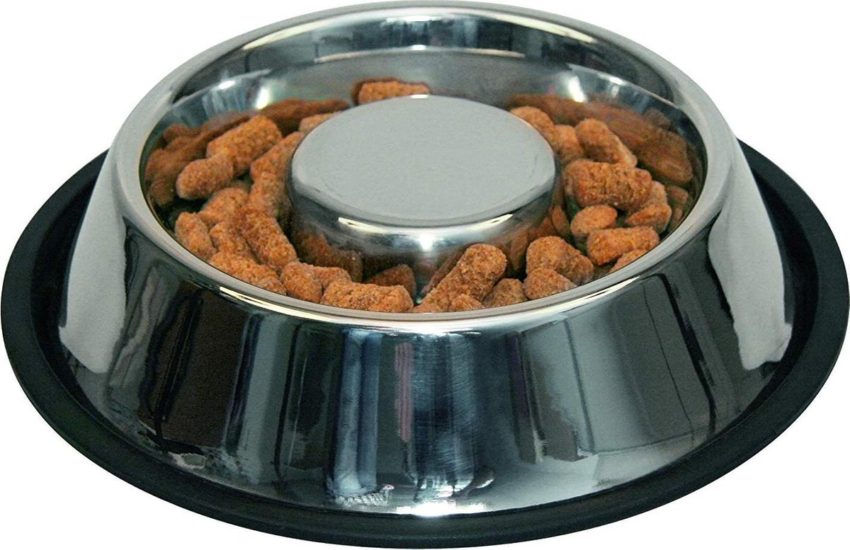 TZ® Roestvrijstalen anti-schrokbak voor honden met reinigingsborstel | Anti-slip Hondenkom gemaakt van melamine | Natural BPA-vrije voerbak | Slow feeder voor honden en katten | Vermindert opname en overeten voerbak | Slow bowl hondenkom anti schrok