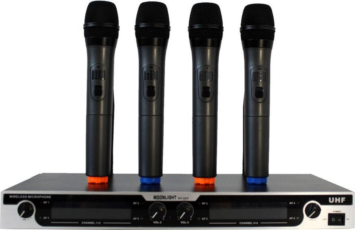 Draadloze 4 kanaals VHF microfoon set 4x hand microfoons (Moonlight)