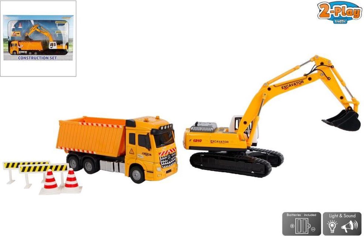 Auto pb 2-Play kiepwagen en graafmachine + licht/geluid